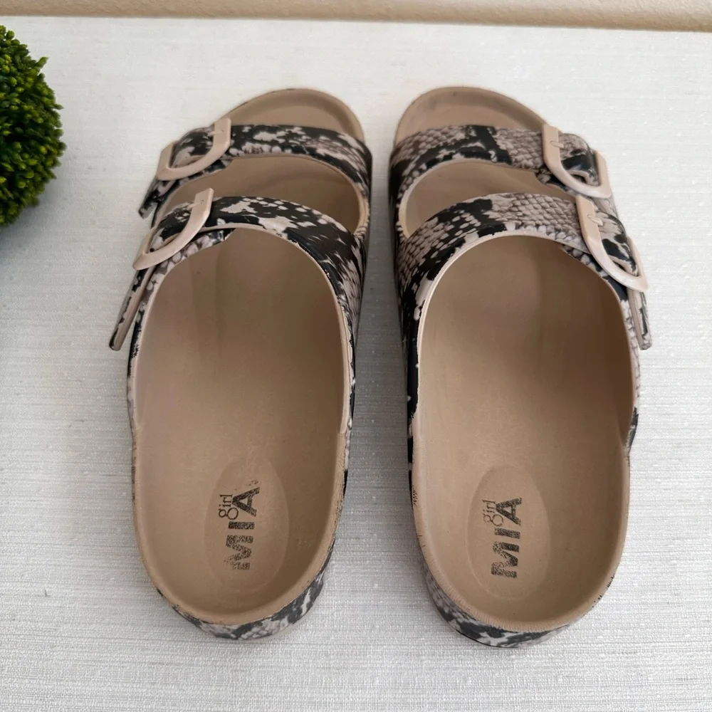 MIA Girl Snake Print Taupe/Black Dual Buckle Lightweight Slide Sandals Women’s 7 - Picture 6 of 8